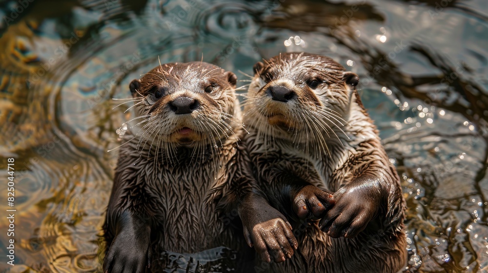 Playful otters holding hands in a river, floating on their backs, natural habitat, clear water, cute and endearing, peaceful moment, copy space. Playful otters holding hands in a river, floating on their backs, natural habitat, clear water, cute and endearing, peaceful moment, copy space.
