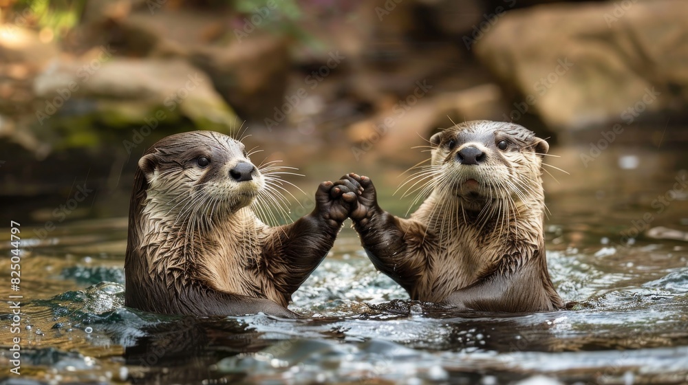 Playful otters holding hands in a river, floating on their backs, natural habitat, clear water, cute and endearing, peaceful moment, copy space.
