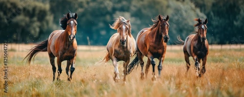 Herd of wild horses running across a meadow, flowing manes, powerful muscles, natural landscape, motion and freedom, outdoor adventure, copy space. photo