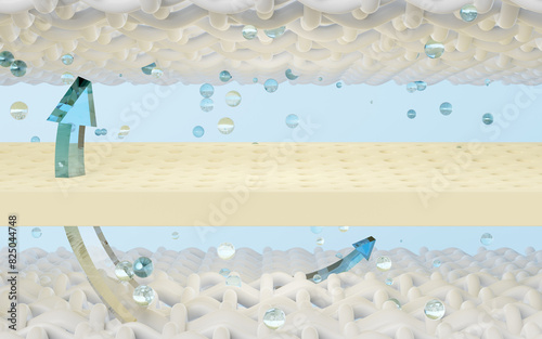 layered sheet material mattress with ventilate shows, bubbles, arrows isolated on blue background. fabric fiber, natural latex, soft and breathable material concept. 3d render illustration