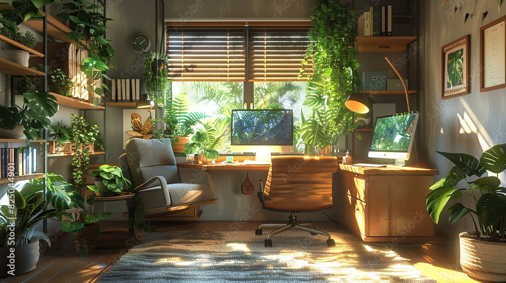 Fototapeta premium Tranquil Home Office: Soft Furnishings and Green Plants