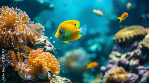 Colorful tropical fish swimming in a coral reef, vibrant marine life, clear blue water, underwater scenery, diverse species, natural beauty, copy space.
