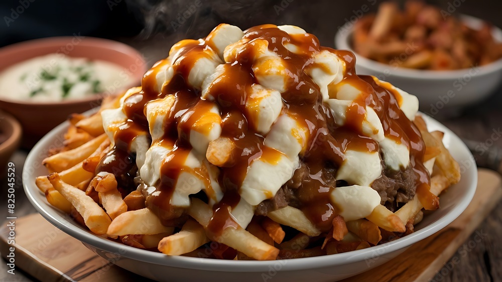 A mouthwatering close-up food photograph showcasing a classic Canadian poutine A mouthwatering close-up food photograph showcasing a classic Canadian poutine