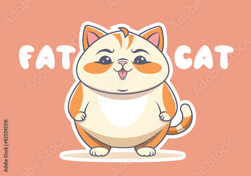 Vector chubby cute cartoon ginger fat cat. Good domestic friendly smiling pet. Sticker. Isolated background.