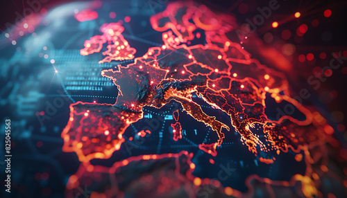 Advanced digital globe focusing on Europe  featuring illuminated lines and points representing global network connections and data transfer  emphasizing cyber technology