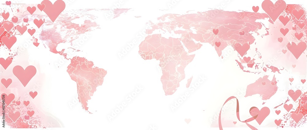 Delicate Doodle Style World Map Print Border Design with Pink Ribbon for Breast Cancer Awareness Month Delicate Doodle Style World Map Print Border Design with Pink Ribbon for Breast Cancer Awareness Month