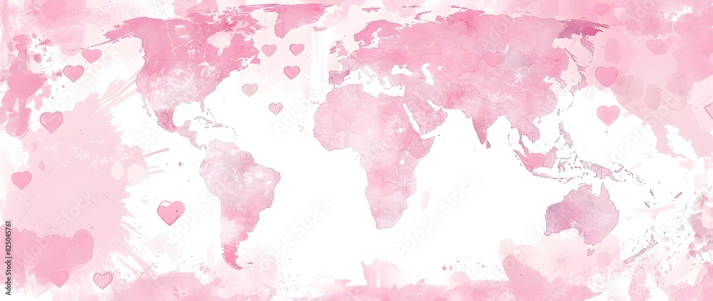 Delicate Doodle World Map with Pink Ribbon and Heart Shapes Highlighting Breast Cancer Awareness Across the Globe