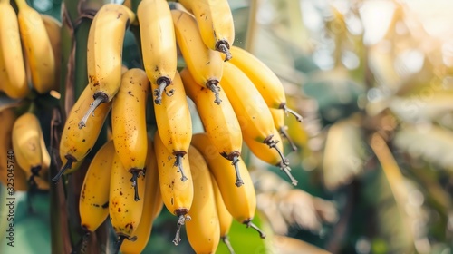 Bunch of ripe bananas hanging from a tree, yellow peel, tropical garden setting, natural light, healthy and energizing, ready to eat, copy space. photo