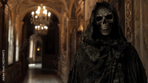 Hooded Skeleton in Ornate Gothic Hallway 