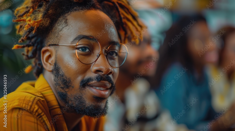 Stylish Young Man with Dreadlocks Wearing Glasses at Social Gathering Stylish Young Man with Dreadlocks Wearing Glasses at Social Gathering