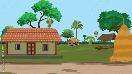 village house, rural Indian  straw  house and village road, Indian village, village landscape with hut, poor farmer house, A beautiful village with cowshed, Asian village scene