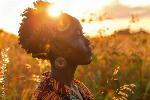 serene portrait of freespirited african woman in sunset fields empowering lifestyle photography photo
