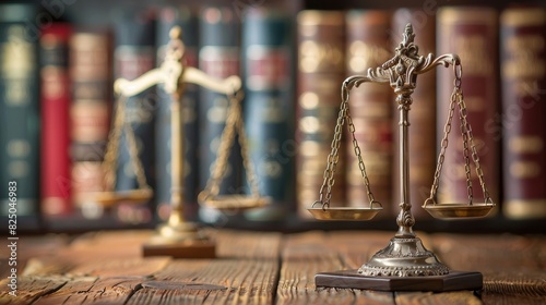 Scales of justice on wooden desk, close-up view, symbolic representation, balanced scales, legal books in background, law and order, isolated setting, copy space. photo