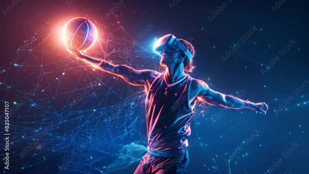 A man wearing a VR headset plays with ball in a glowing, futuristic digital environment, capturing the motion and energy of the virtual sport game. A man wearing a VR headset plays with ball in a glowing, futuristic digital environment, capturing the motion and energy of the virtual sport game.