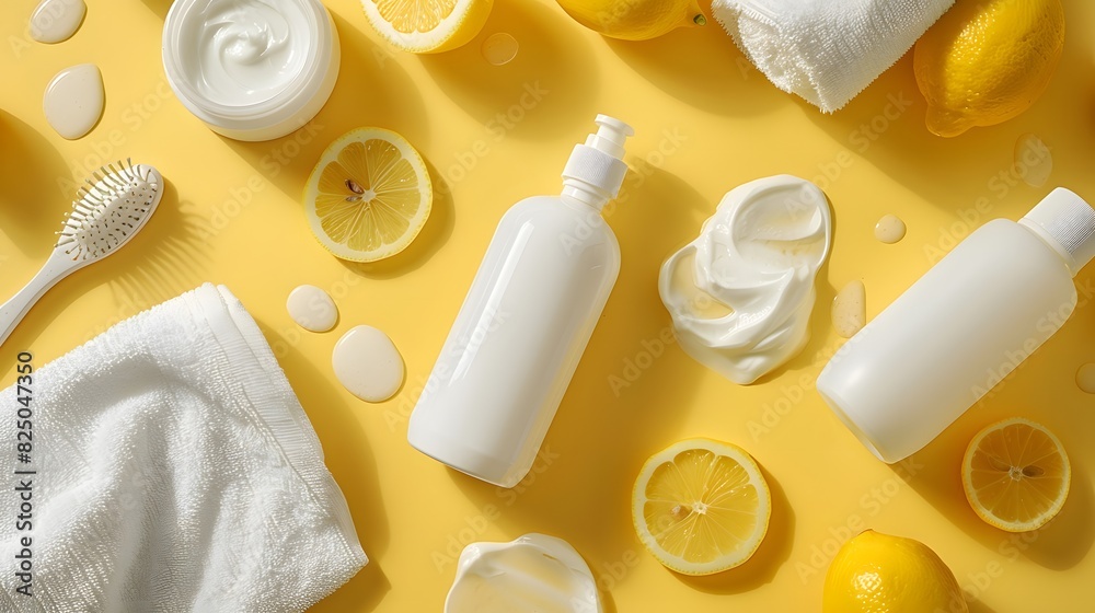 A flat lay composition featuring white bottles of facial cream, body lotion, and wash with lemon slices on the table. The background is yellowish to emphasize the beauty products.
A flat lay composition featuring white bottles of facial cream, body lotion, and wash with lemon slices on the table. The background is yellowish to emphasize the beauty products.