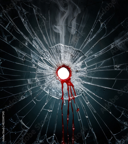 Bullet hole in shattered glass with blood drips. Copy space. Crime scene atmosphere. Smoke tendril. Dark grunge texture. Mystery thriller vibe.