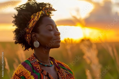 serene portrait of freespirited african woman in sunset fields empowering lifestyle photography