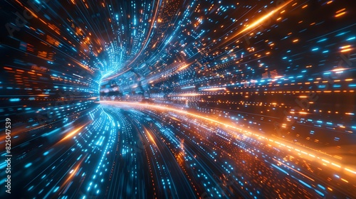 A futuristic digital tunnel of light and data, with glowing blue and orange lines representing fast Tower, creating an abstract background for technologythemed designs.  © horizon