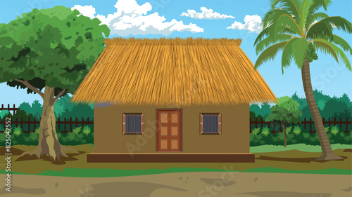 Indian village house background for cartoon animation landscape with village Village farm house, old Indian rural house