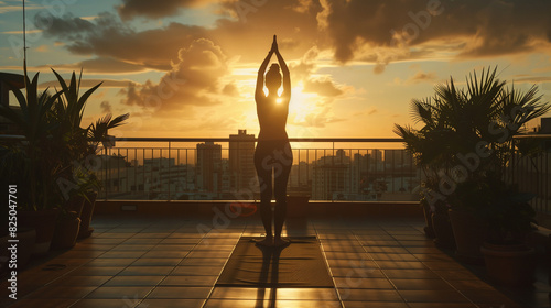 A woman practicing yoga on a rooftop terrace at sunrise, greeting the day with positivity and mindfulness.