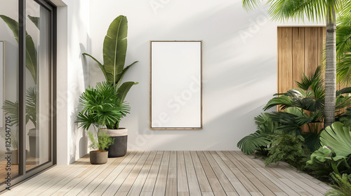 Modern patio with light wooden deck green plants in pots and white frame on the wall Serene and welcoming environment ideal for displaying works of art or photographs photo