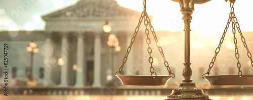 Legal scales with courthouse in background, symbolic image, classical architecture, law and justice theme, balanced and fair, professional and authoritative, copy space. photo
