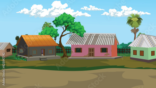 village house, rural Indian  straw  house and village road, Indian village, village landscape with hut, poor farmer house, A beautiful village with cowshed, Asian village scene