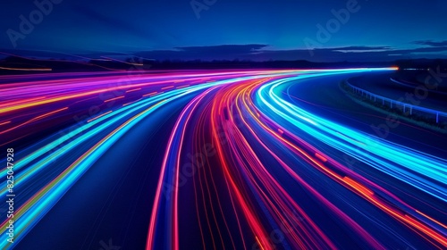 Cars light up trails at night on a curved paved road at night.
