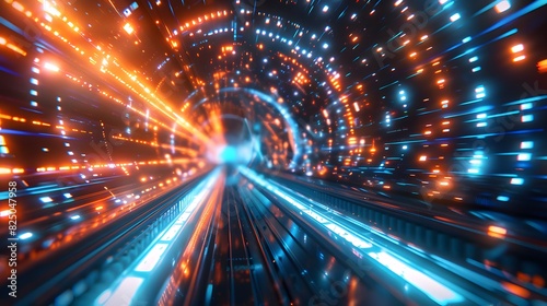 A futuristic digital tunnel of light and data, with glowing blue and orange lines representing fast Tower, creating an abstract background for technologythemed designs. 