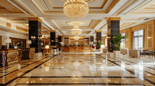 Luxurious hotel lobby with grand chandelier, marble floors, elegant furniture, high ceilings, welcoming atmosphere, opulent design, front desk in background, copy space.