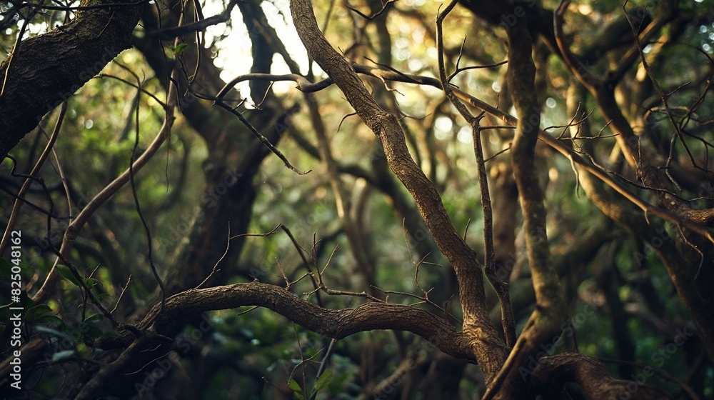 Twisted branches and vines are woven in a dense forest. Twisted branches and vines are woven in a dense forest.