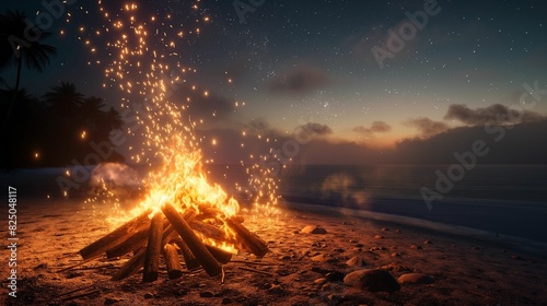 Image of the flame of the fire brightly burns on the sandy shores of the beach. photo