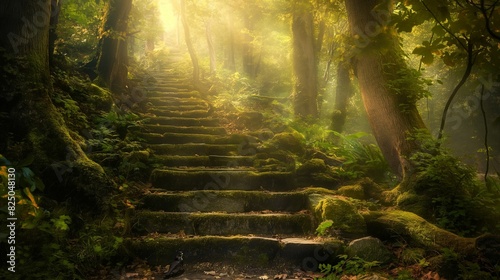 Image of weathered stone steps in a dense forest.