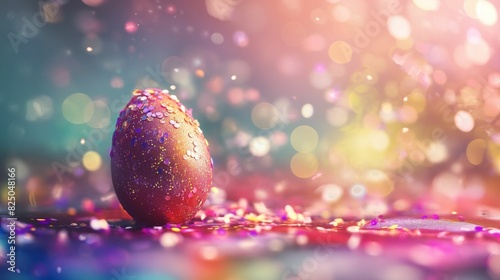 Image of Easter with a vibrant-colored egg with scattering and sparkling light particles.