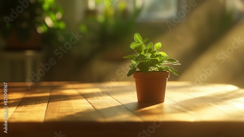 Small potted plant on a wooden table.