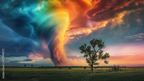 Vibrant rainbow-colored tornado swirls ominously amidst the tranquil landscape.