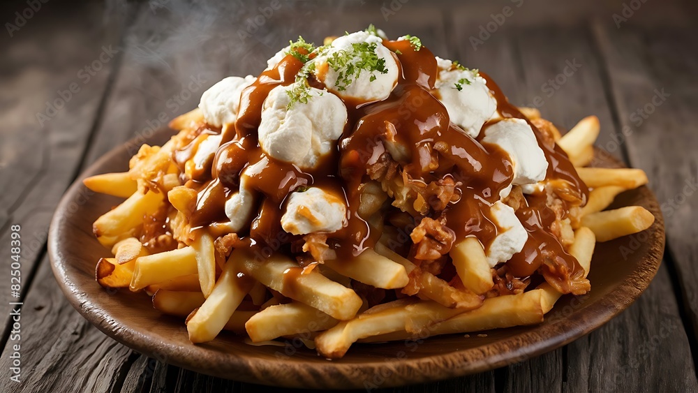 A mouthwatering close-up food photograph showcasing a classic Canadian poutine A mouthwatering close-up food photograph showcasing a classic Canadian poutine