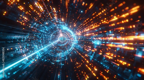A futuristic digital tunnel of light and data, with glowing blue and orange lines representing fast Tower, creating an abstract background for technologythemed designs. 
