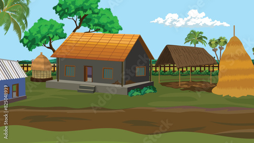 Indian village house background for cartoon animation landscape with village Village farm house, old Indian rural house