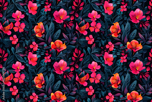 Seamless tropical pattern with vibrant pink flowers and dark green leaves on a black background, ideal for textiles and wallpaper