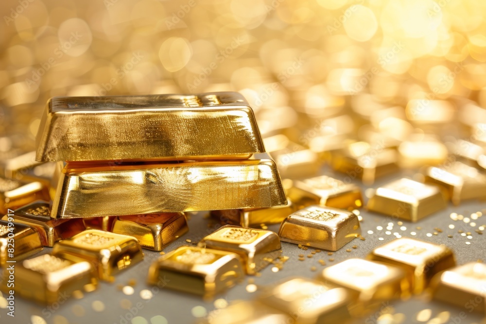 A pile of gold bars and coins are scattered on a table A pile of gold bars and coins are scattered on a table