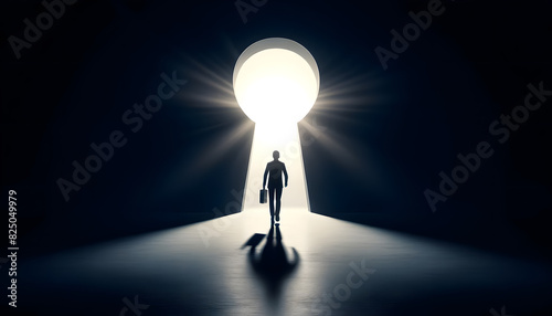 a person walking towards a bright light in the shape of a keyhole at the end of a dark tunnel. The person is carrying a briefcase, symbolizing new opportunities and breakthroughs.