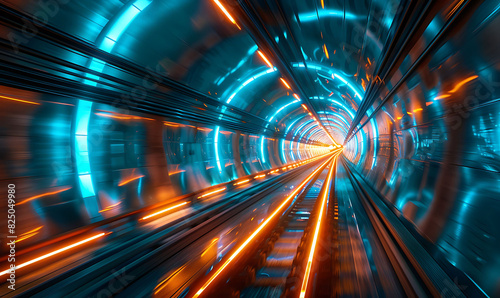 Vivid abstract depiction of a digital data tunnel, with bright blue and orange lights creating a sense of motion and high-speed connectivity, highlighting futuristic cyber technology