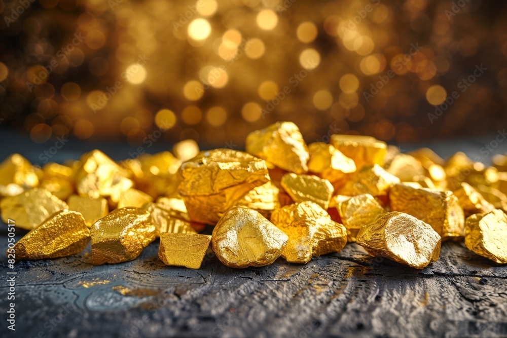 A pile of gold rocks on a wooden surface A pile of gold rocks on a wooden surface