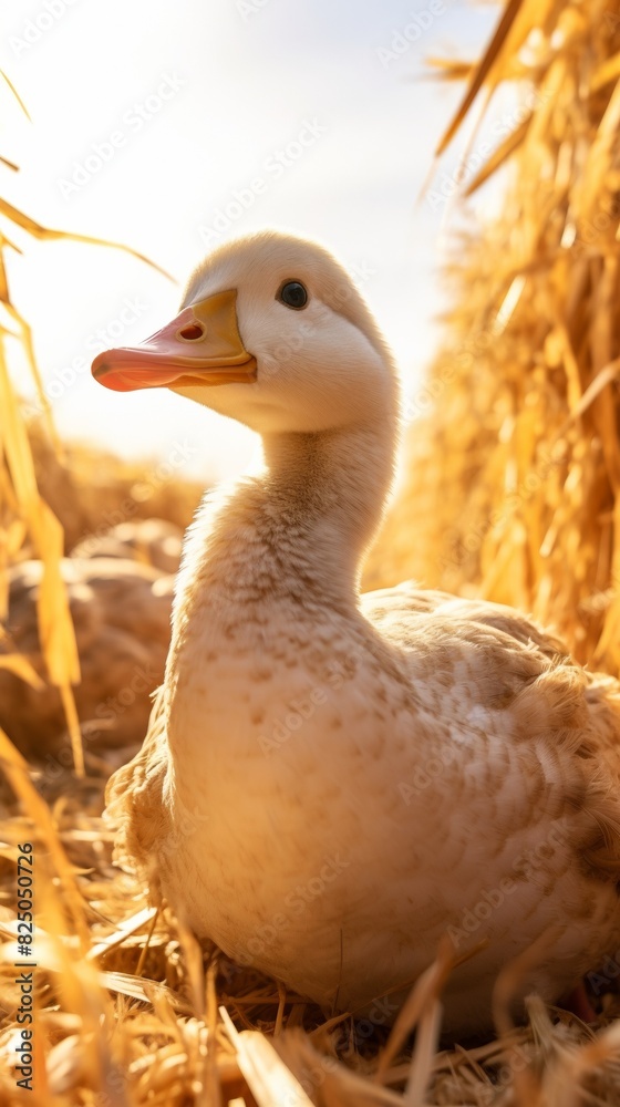 A close-up of a duck sitting in a sunny wheat field, bathed in warm golden light, with a clear blue sky in the background. A close-up of a duck sitting in a sunny wheat field, bathed in warm golden light, with a clear blue sky in the background.
