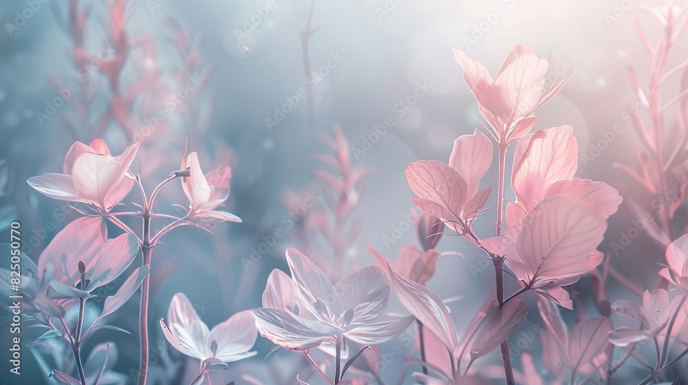 Ethereal spring scene with abstract leaves and flowers, gentle pastel hues blending seamlessly Ethereal spring scene with abstract leaves and flowers, gentle pastel hues blending seamlessly