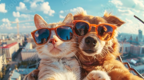 A dog and cat, best friends, wearing sunglasses, standing on top of a building photo