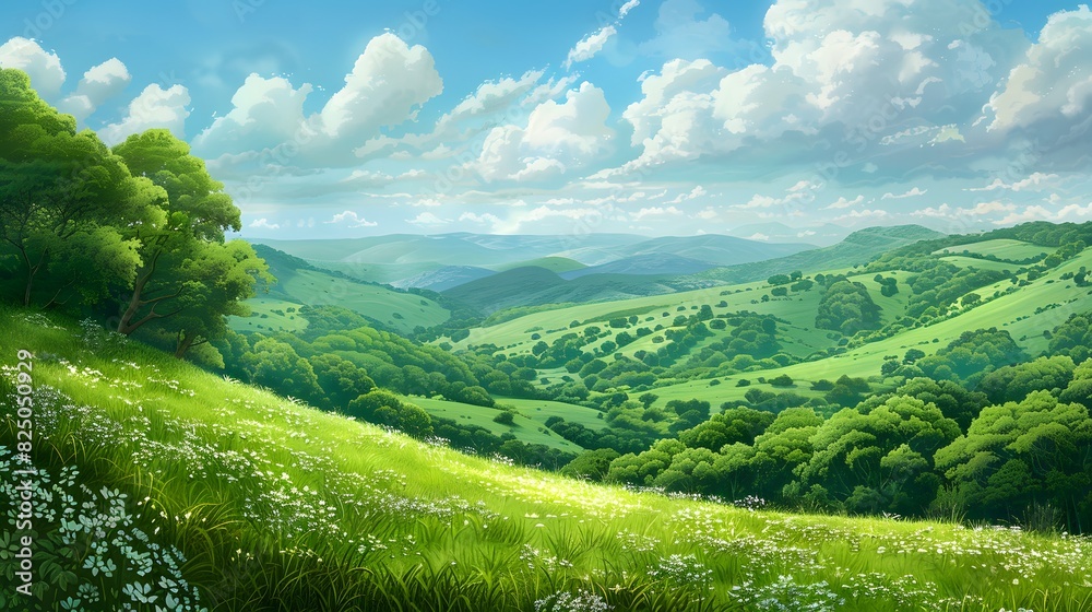 Paint a lush green landscape as the backdrop, featuring rolling hills or a meadow stretching into the distance.