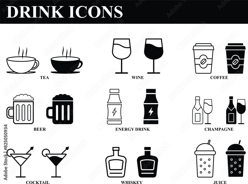 Drinks vector icon set. BW icon set of tea, wine, coffee, beer, champagne, energy drink, cocktails, whisky, juice. high quality business icon set of party drinking Drinks vector icon set. BW icon set of tea, wine, coffee, beer, champagne, energy drink, cocktails, whisky, juice. high quality business icon set of party drinking
