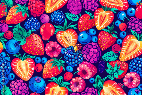 Vibrant berry pattern with strawberries, raspberries, and blueberries on a dark background, seamless and colorful, ideal for textiles and tiles